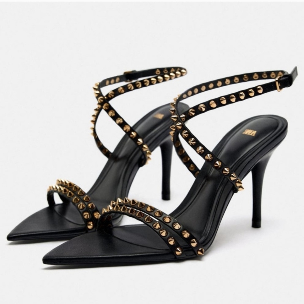 Zara Black Leather Studded Sandals - Size 6.5